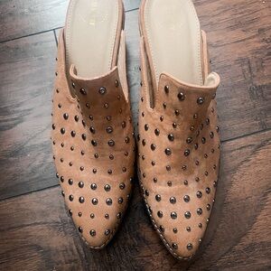 Studded Pointed-Toe Suede Mule in Tan